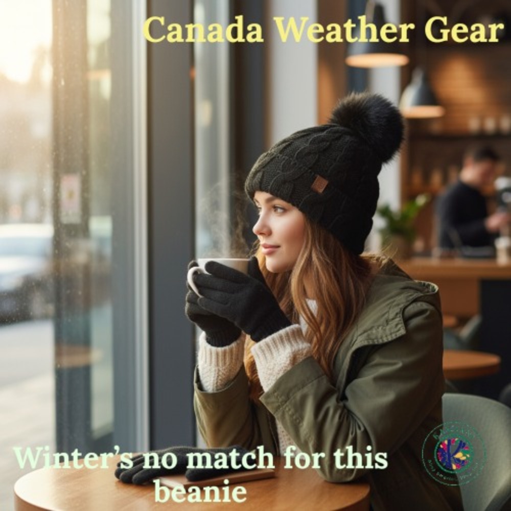 Canada Weather Gear Thermal Beanie Black Pom-Pom Plush Lining Winter Hat